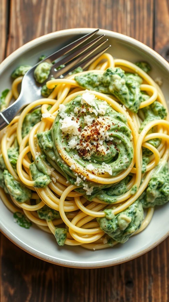 Plate of pasta with creamy spinach alfredo sauce, garnished with Parmesan cheese on a wooden table.